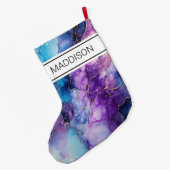 紫と青の大理石のパターン ラージクリスマスストッキング (裏面 (吊り時))