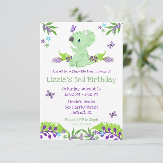 紫と青の恐竜大爆発タイム誕生日パーティー 招待状 (スタンド正面)