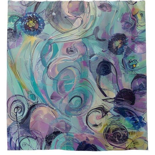 紫と青の抽象芸術渦巻き シャワーカーテン (正面)