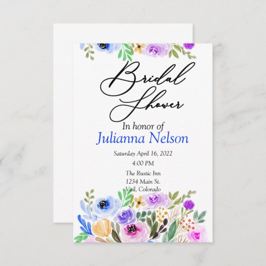 紫と青の水の色のフローラ 招待状 (正面/裏面)