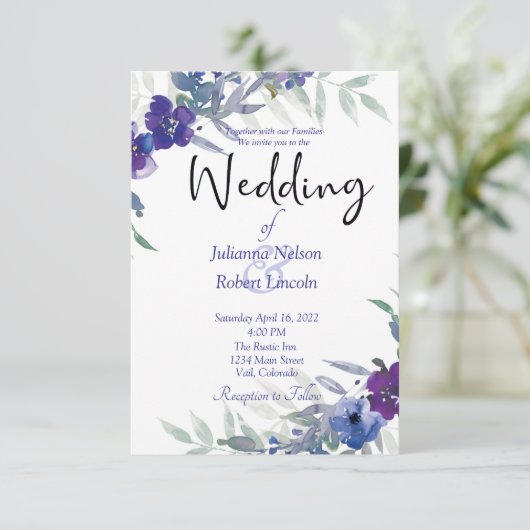 紫と青の水彩画の結婚式招待状 招待状 (スタンド正面)