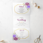 紫と青の水彩花のRSVP付ウェディング 三つ折り招待状 (内部)