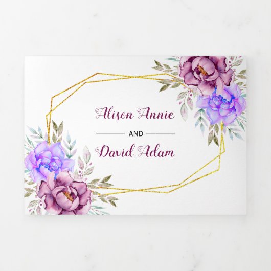 紫と青の水彩花のRSVP結婚式 三つ折り招待状 (カバー)
