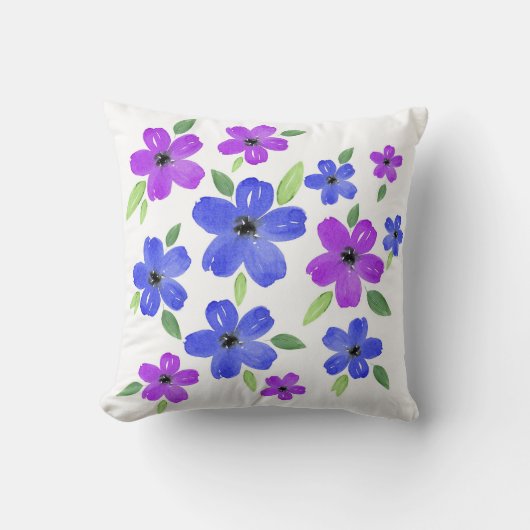 紫と青の水色のフローラモチーフ クッション (正面)