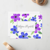 紫と青の水色のフローラモチーフ ノートカード (正面/裏面インサイチュ)