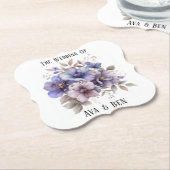 紫と青の水色のフローラ結婚の ペーパーコースター (アングル)