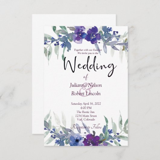 紫と青の水色のフローラ結婚のinvitati 招待状 (正面/裏面)