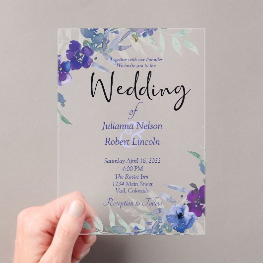 紫と青の水色の結婚式招待状 アクリル招待状 (インサイチュ (ポータブル))