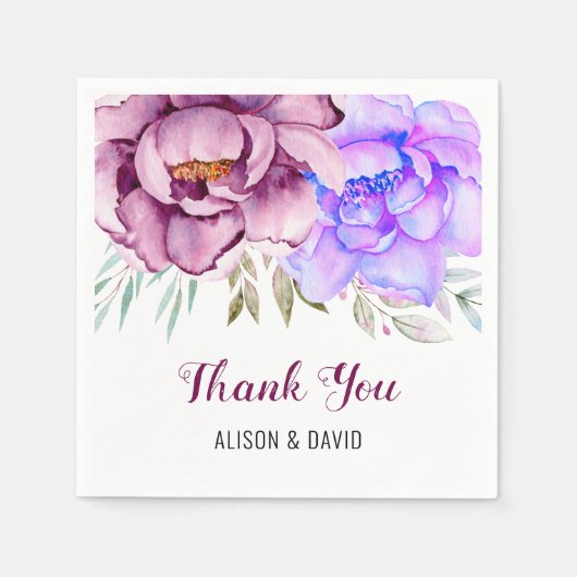 紫と青の水色の花のフローラ スタンダードカクテルナプキン (正面)