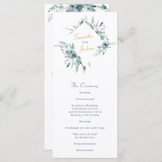 紫と青の水色の花の結婚式 プログラム (正面/裏面)