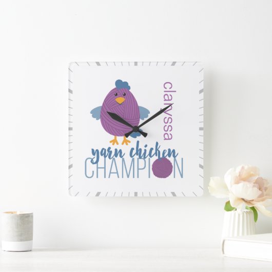 紫と青の糸チキンチャンピオン スクエア壁時計 (ホーム)