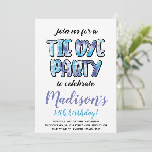 紫と青の絞り染め誕生日パーティー、任意の年齢 招待状 (スタンド正面)