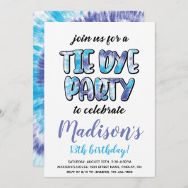 紫と青の絞り染め誕生日パーティー、任意の年齢 招待状