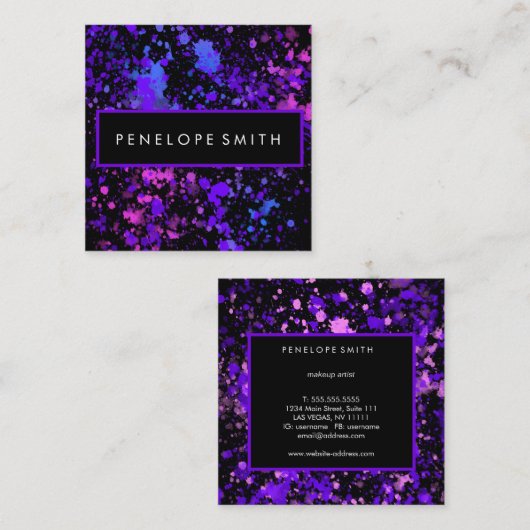 紫と青の絵を描(ばちゃばちゃ)跳ねる スクエア名刺 (正面/裏面)