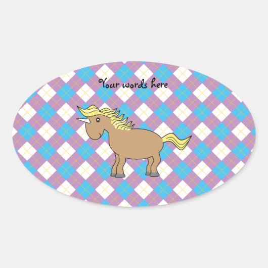 紫と青の背景に茶色のユニコーンアーガイル 楕円形シール (正面)