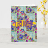 紫と青の花が四角いジグザグ カード (黄色い花)