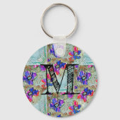 紫と青の花が四角いジグザグ キーホルダー (正面)