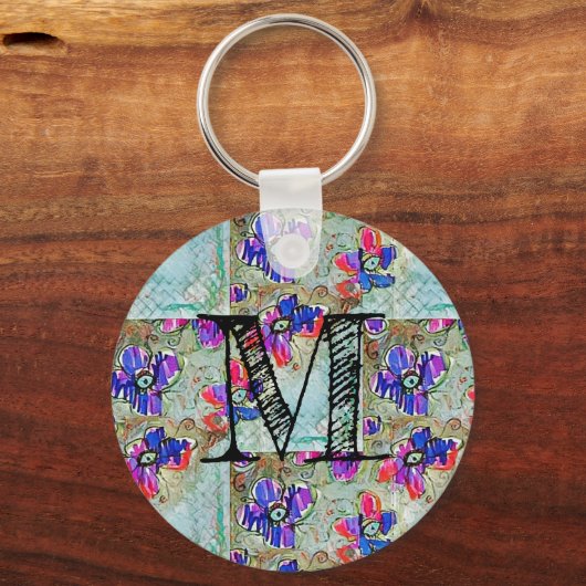 紫と青の花が四角いジグザグ キーホルダー (正面)