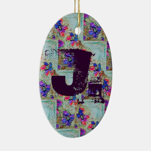 紫と青の花が四角いジグザグ セラミックオーナメント (右)