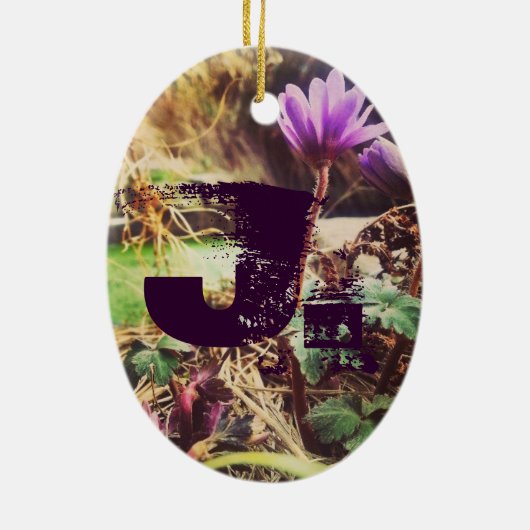 紫と青の花が四角いジグザグ セラミックオーナメント (裏面)