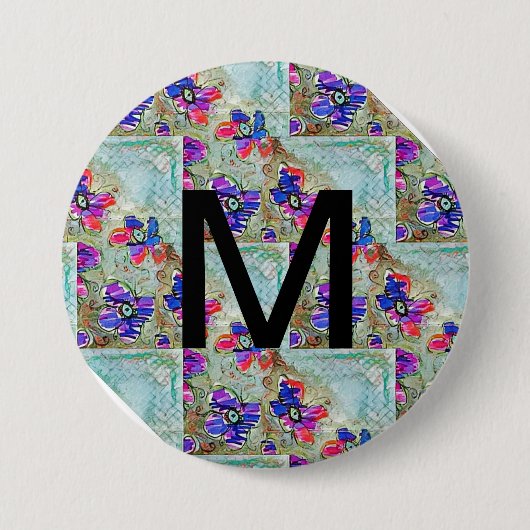 紫と青の花が四角いジグザグ 缶バッジ (正面)