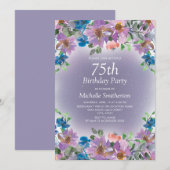 紫と青の花の女性の75歳の誕生日 招待状 (正面/裏面)