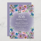 紫と青の花の女性の80歳の誕生日 招待状 (正面/裏面)