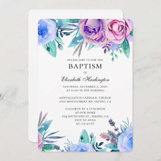紫と青の花の洗礼。フローラ招待 招待状 (正面/裏面)