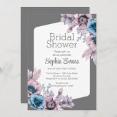 紫と青の花グレーのブライダルシャワー 招待状 (正面/裏面)
