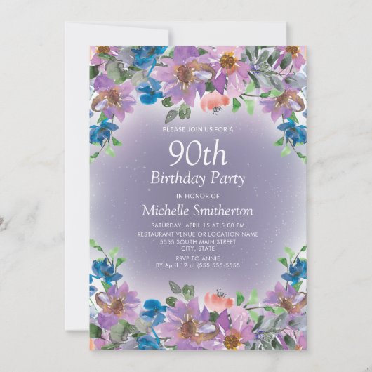 紫と青の花柄の女性の90歳の誕生日 招待状 (正面)