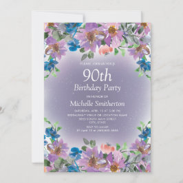 紫と青の花柄の女性の90歳の誕生日 招待状