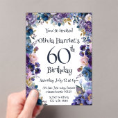 紫と青の花柄の60歳の誕生日招待状 アクリル招待状 (インサイチュ (ポータブル))