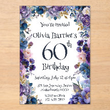 紫と青の花柄の60歳の誕生日招待状