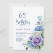 紫と青の花柄の65歳の誕生日パーティー 招待状 (正面)