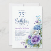 紫と青の花柄の75歳の誕生日パーティー 招待状 (正面)