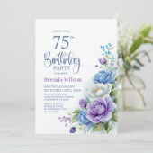 紫と青の花柄の75歳の誕生日パーティー 招待状 (スタンド正面)