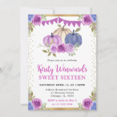 紫と青の花模様のパンプキン 秋のスイート16 招待状 (正面)