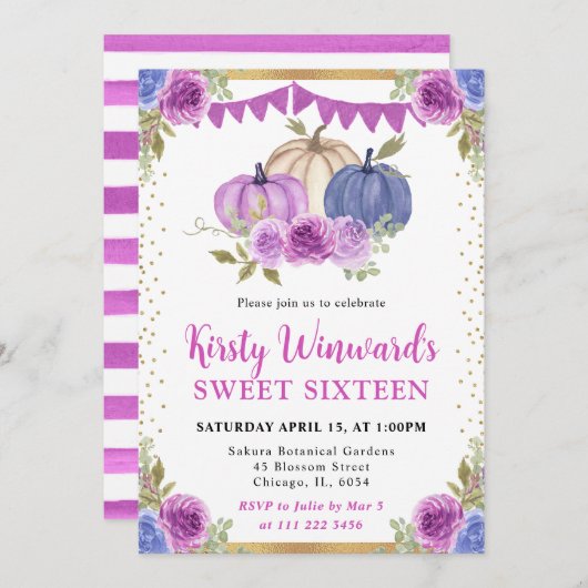 紫と青の花模様のパンプキン 秋のスイート16 招待状 (正面/裏面)