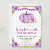 紫と青の花模様のパンプキン 秋の21歳の誕生日 招待状 (正面)