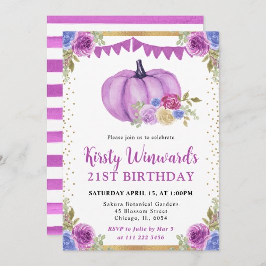 紫と青の花模様のパンプキン 秋の21歳の誕生日 招待状 (正面/裏面)