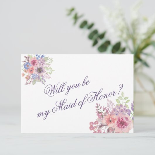 紫と青の野の花「ブライズメイドにしてくれませんか？」カード 招待状 (スタンド正面)