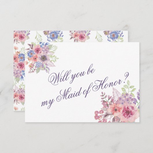 紫と青の野の花「ブライズメイドにしてくれませんか？」カード 招待状 (正面/裏面)