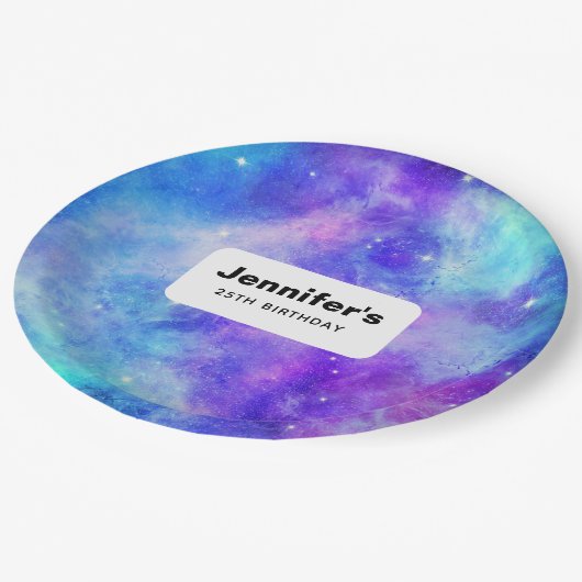紫と青の銀河系宇宙抽象芸術誕生日 ペーパープレート (アングル)
