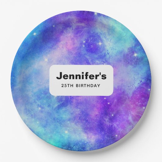 紫と青の銀河系宇宙抽象芸術誕生日 ペーパープレート (正面)