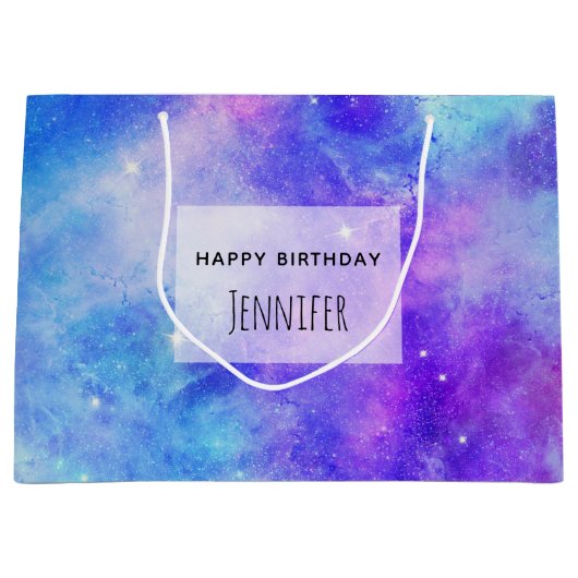 紫と青の銀河系宇宙抽象芸術誕生日 ラージペーパーバッグ (正面)