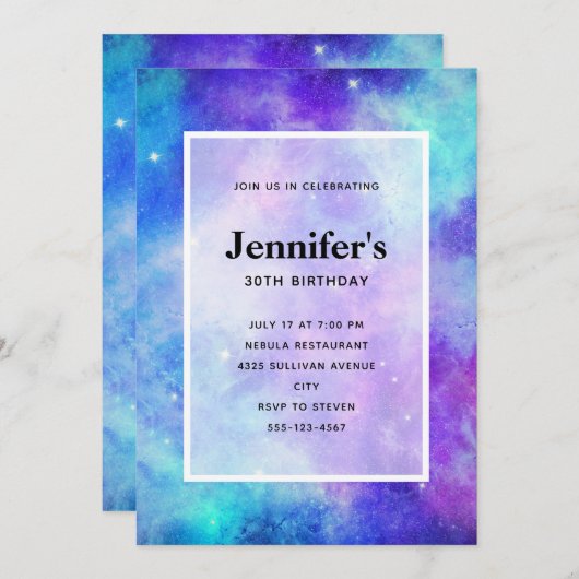 紫と青の銀河系宇宙抽象芸術誕生日 招待状 (正面/裏面)