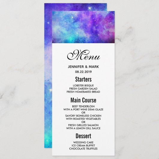 紫と青の銀河系宇宙結婚抽象芸術のメニュー 招待状 (正面/裏面)