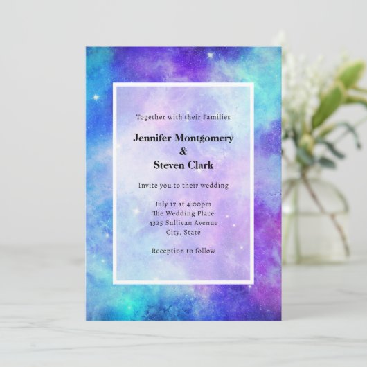 紫と青の銀河系宇宙結婚抽象芸術 招待状 (スタンド正面)