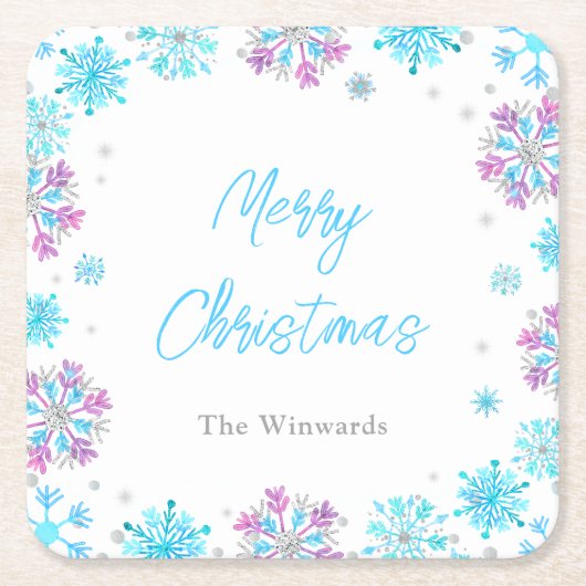 紫と青の雪の結晶クリスマスパーティー スクエアペーパーコースター (正面)