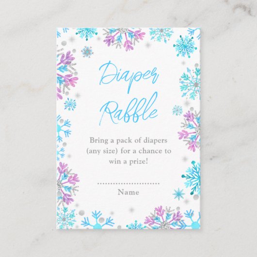 紫と青の雪片の冬のおむつラッフル エンクロージャーカード (正面)